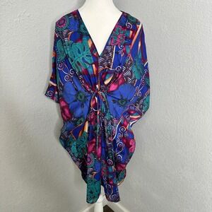 Vibrant Floral Print Kaftan Tunic Cover Up Tie Waist V Neck‎ Women One Size